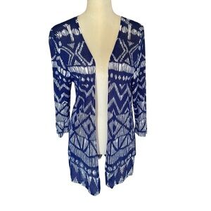 Chico's Natalie Tribal Diamond Lightweight Blue White Cardigan Sweater Women S/M